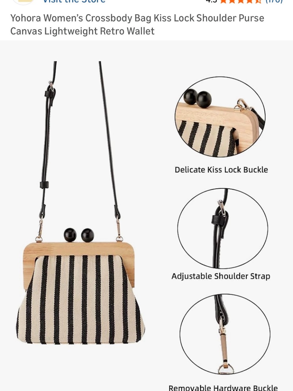 NWOT Striped Canvas Kiss-Lock Crossbody Bag